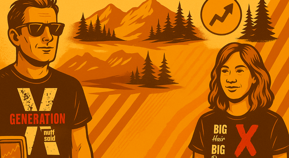 Two people wearing Grn X t-shirts in a stylized landscape with trees and mountains.