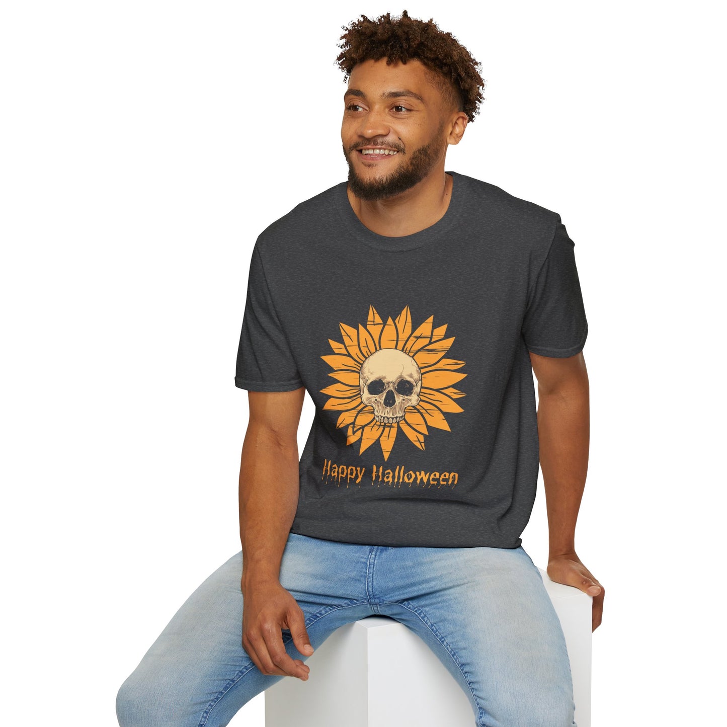 Halloween Skull Sunflower T-Shirt - Casual Unisex Tee,  Spooky Season Style, Halloween Party Wear