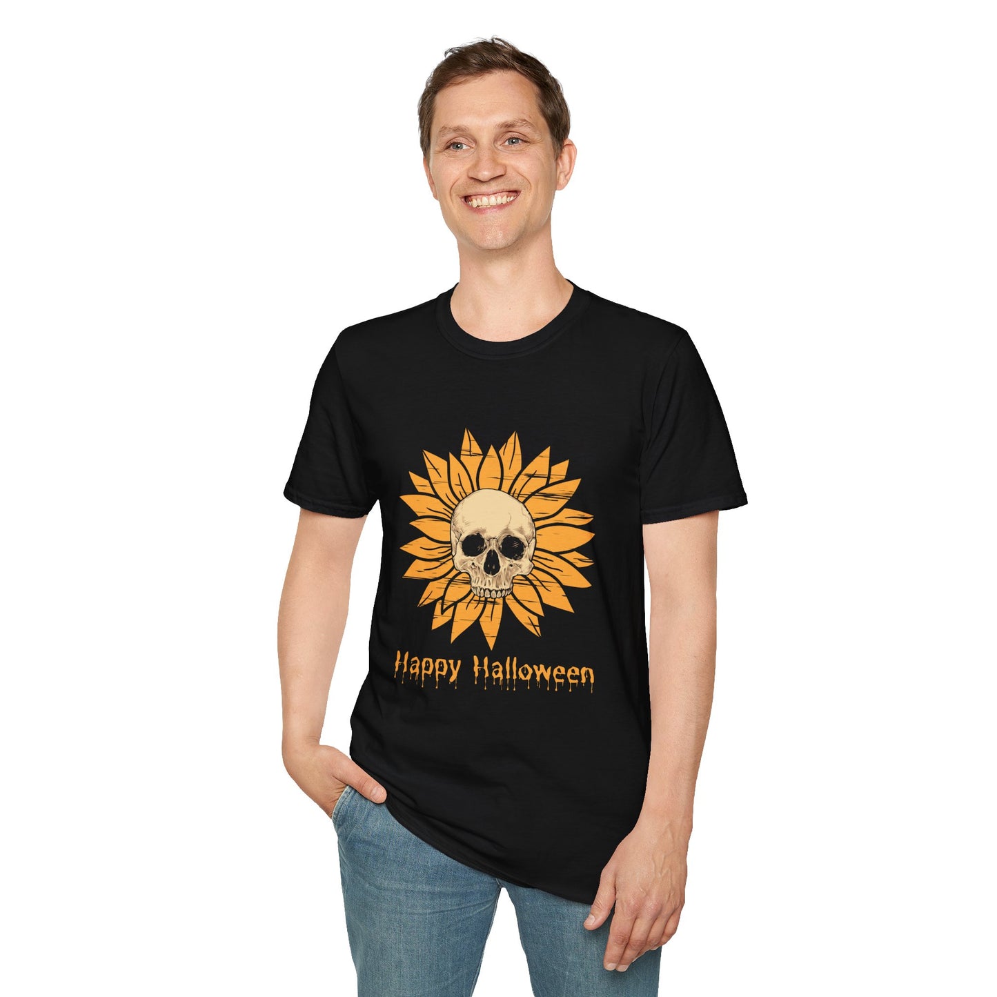 Halloween Skull Sunflower T-Shirt - Casual Unisex Tee,  Spooky Season Style, Halloween Party Wear