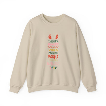 Festive Funny Christmas Sweatshirt - "Dasher, Dancer, Prancer, Prosecco, Vodka, Tequila, Blitzened" | Xmas Holiday Party Drinking Crewneck